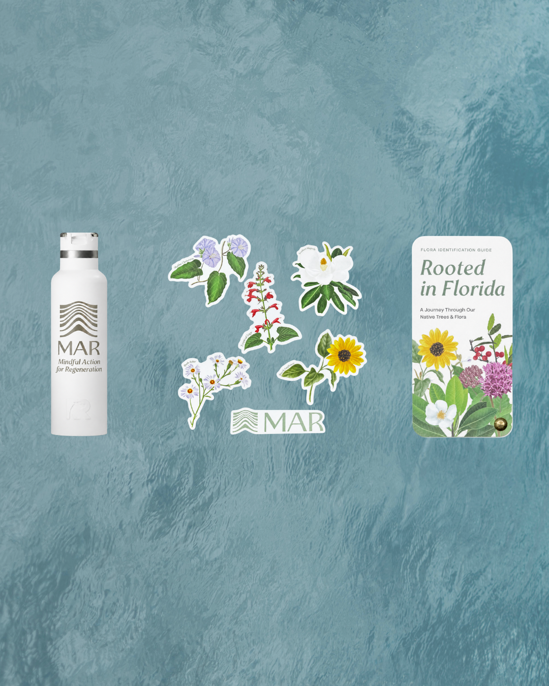 Three MAR shop items displayed on a blue textured background: a white insulated water bottle branded with the MAR logo, a collection of illustrated Florida native wildflower stickers, and the "Rooted in Florida: A Journey Through Our Native Trees & Flora" identification guidebook.